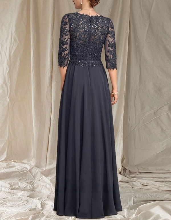 Linea ad A Abito da cerimonia per signora Ospite di nozze Elegante Scollo a V Lunghezza al pavimento Chiffon Manica 3/4 con Perline Applicazioni 2025 del 2025 a $160.99 –P2