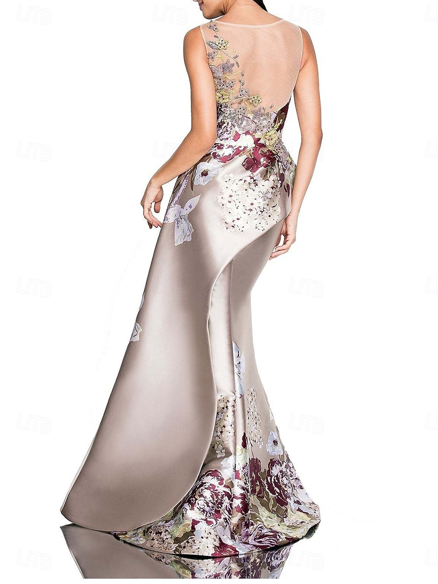 Mermaid Peplum Kjole Kveldsdrakt Elegant Kjole Bryllup Bryllupsgjest Gulvlengde Uten Ermer Crew Utringning Sateng med Blomstertrykk og Brodert Blonder 2025 - $199.99 –P2