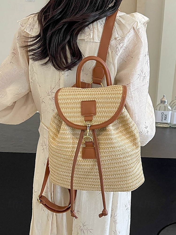 stro rugzak voor vrouwen – boho geweven rotan reistas met leren banden, chique zomer strand rugzak, casual vakantie & dagelijks gebruik handtas wit roze bruin 2025 - $29.99 –P5