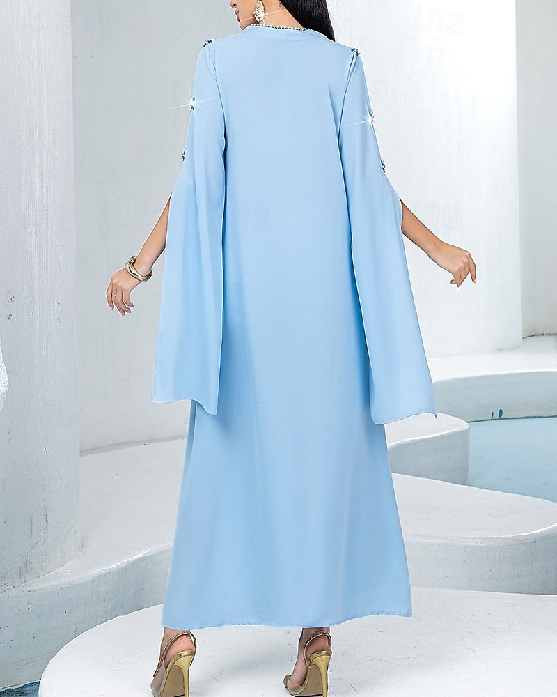 Blaue Glitzer Mutter der Braut Kleid Elegantes Hochzeitsgastkleid V-Ausschnitt Maxi-Länge Chiffon Lange Ärmel mit Kristallen 2025 - $99.99 –P3