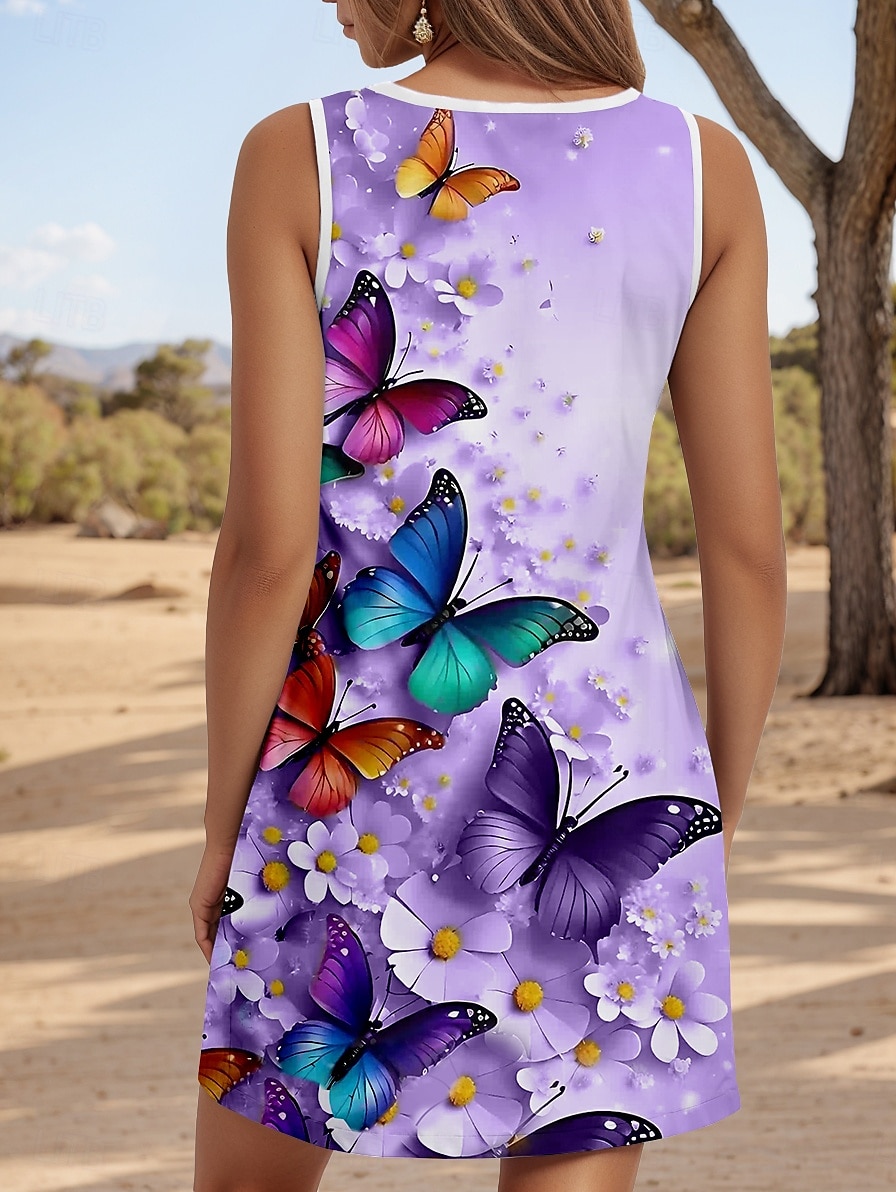 Damskie Sukienka mini Sukienka letnia Sukienka A line Sukienka z odkrytymi ramionami Urlop Codzienny Codzienny Święto Plaża Regularny Kwiaty Graficzny Motyl Bez rękawów Półgolf Fioletowy Lato 2025 - $23.99 –P2