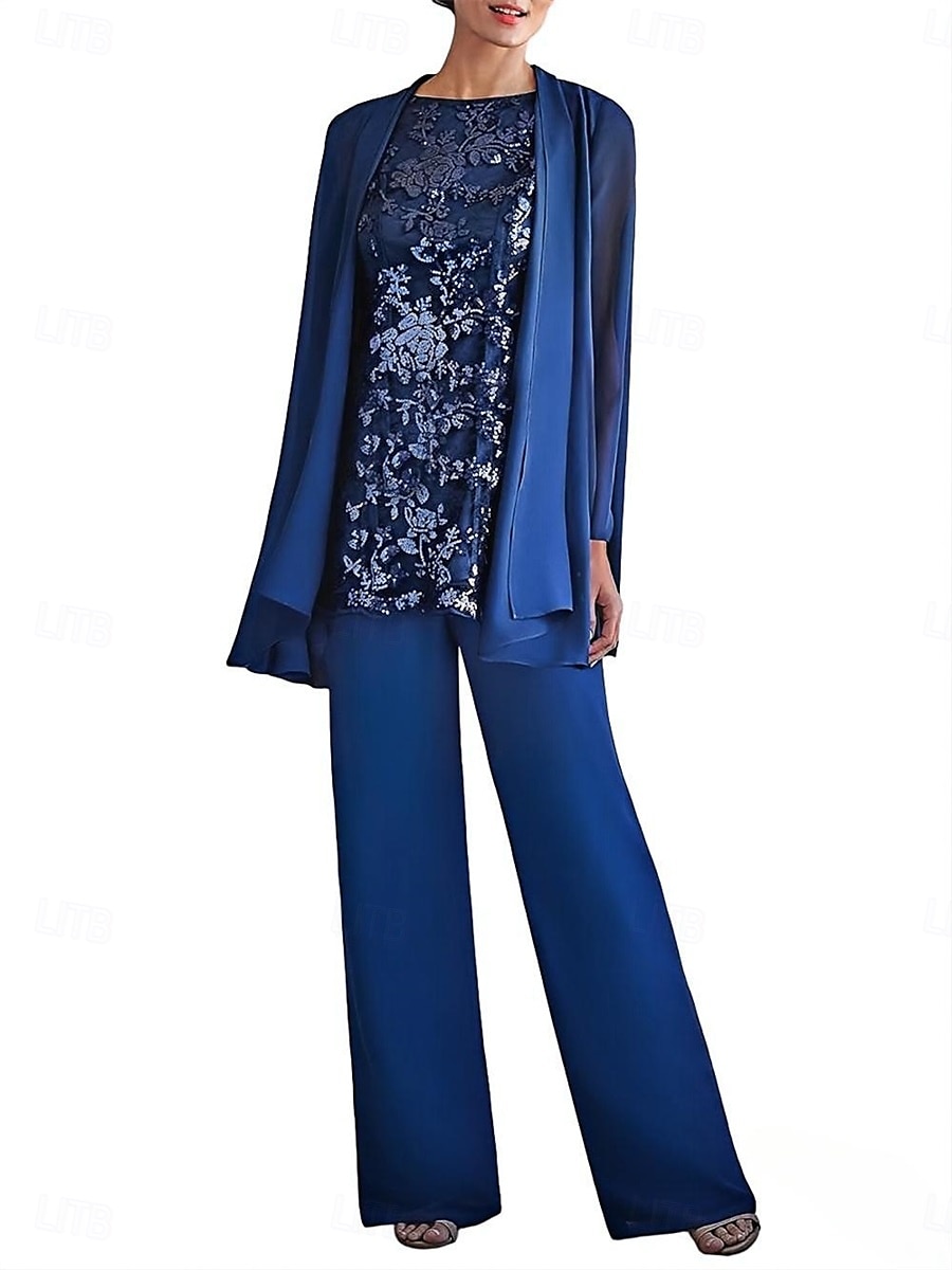 Dreiteilig Hosenanzug Brautmutterkleid Elegant Rundhalsausschnitt Bodenlang Polyester Langarm mit Perlenstickerei 2025 2025 - $99.99 –P9