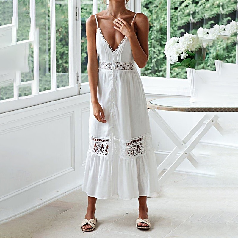 Women's Midi Dress Cotton Linen Dress Slip Dress Boho Dress Basic Classic Modern Vacation Holiday Going out Regular Fit Plain Sleeveless Spaghetti Strap White Summer 2025 - $26.99 –P7