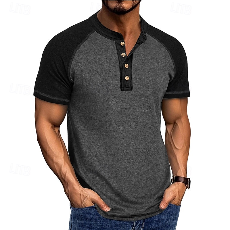 2026年 男性用 ヘンリーシャツ ティートップ ベースボールTシャツ 半袖 カラーブロック ファッション デザイナー ラグランスリーブ ヘンリー バケーション ストリート お出かけ 夏 ダークグレー ブラック グレー ヘンリーTシャツ  コレクション – $21.99 –P9