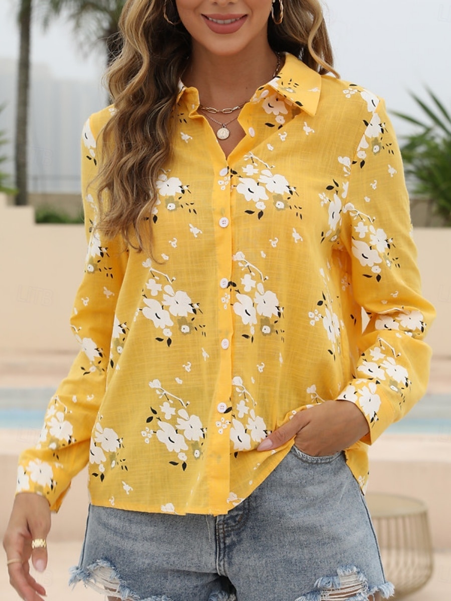 Damenhemd Floral Stylish Casual Langarmhemd Kragen Regelmäßige Tops Täglich Leinenähnliche Knöpfe Druck Weiß Gelb Hellblau Sommer Frühling 2025 - $19.99 –P5