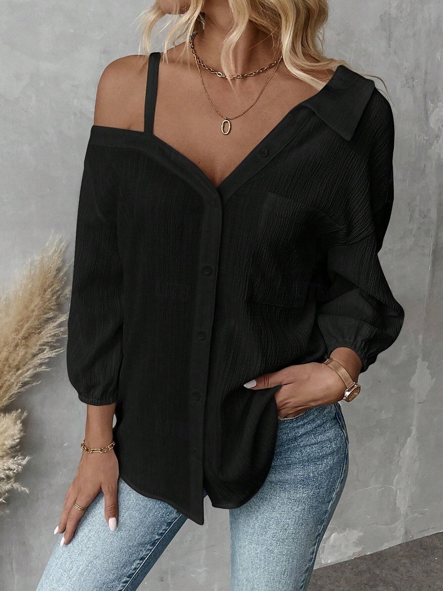 Damen Hemd Einfarbig Stilvoll Lässig Langarm Hemdkragen Normale Oberteile Täglich Knöpfe Tasche Schwarz Weiß Grün Aprikose Sommer 2025 - $23.99 –P14
