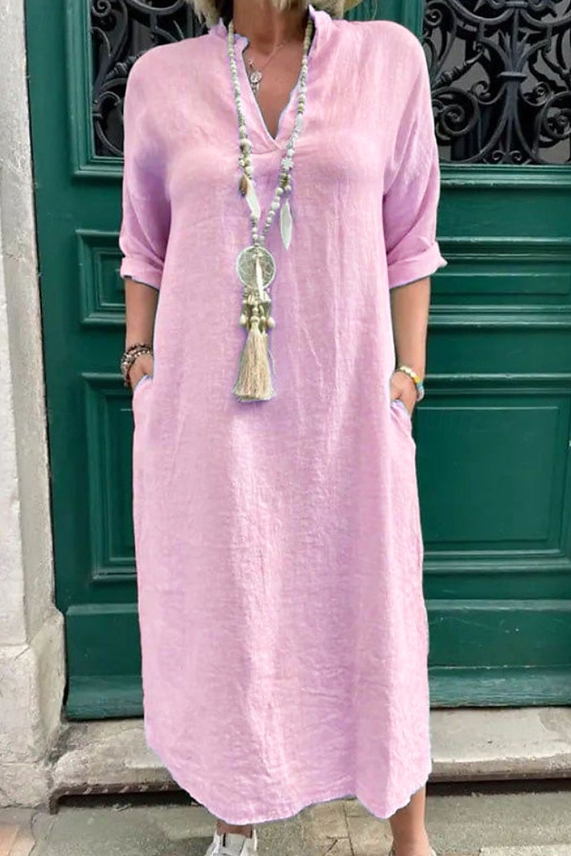 Damen Midikleid Leinen-inspirierte Kleider Baumwoll-Leinenkleid Basic Klassisch Modern Täglich Ferien Wochenende Normale Passform Einfach Langarm V Ausschnitt Rosa Grün Aprikose Leicht Blau Sommer 2025 - $32.99 –P4
