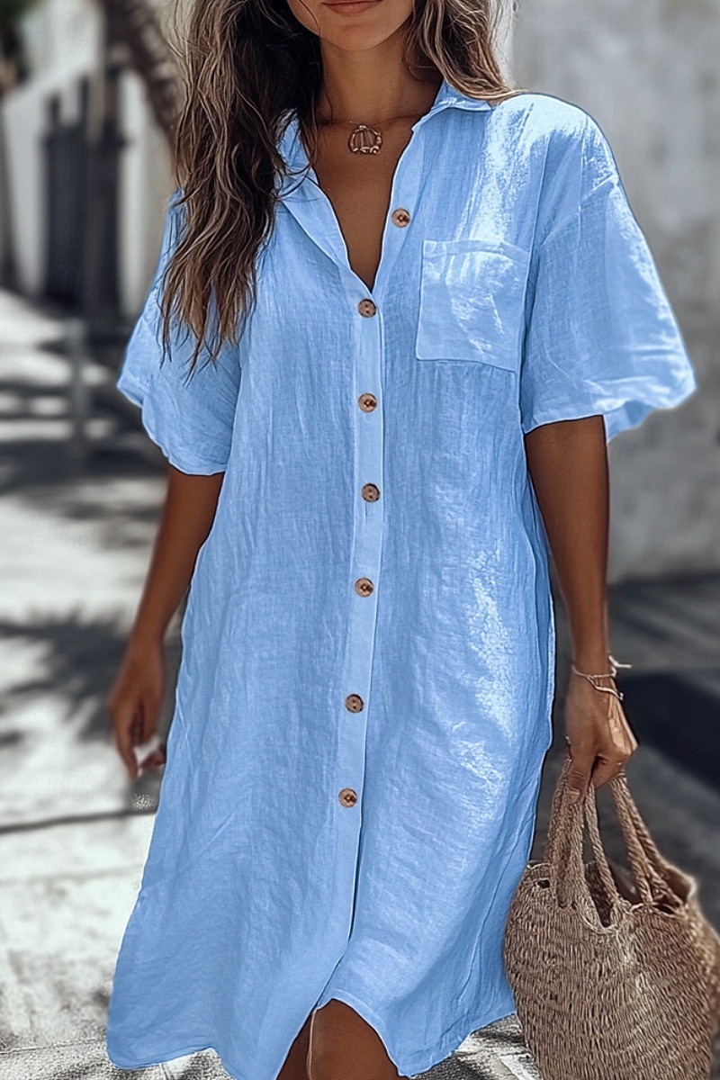 Mujer Camisa Algodón Compuesto Abotonar Blusa Bolsillo Botones Plano Básico Moderno Casual Manga Corta Cuello Camisero Tops largos Diario Festivos Noche Blanco Amarillo Azul claro Verano 2026 - $28.99 –P2