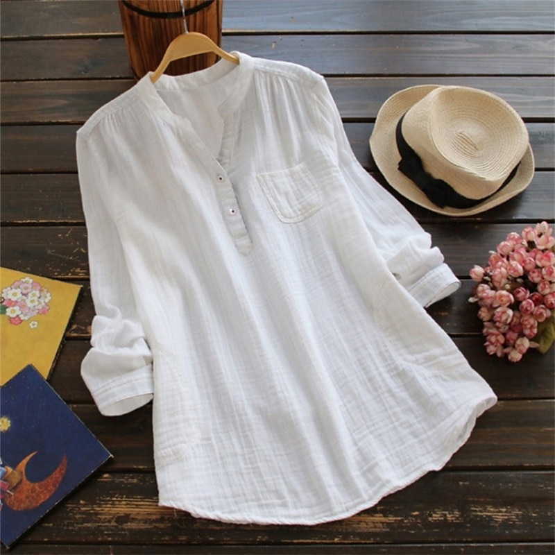 Per donna Camicia Camicie ispirate al lino Blusa Semplice Essenziale Casual Manica Lunga Scollo a V Top Regolari Quotidiano Ferie Bottoni Tasca Bianco Rosa Blu marino Estate del 2025 a $21.99 –P3