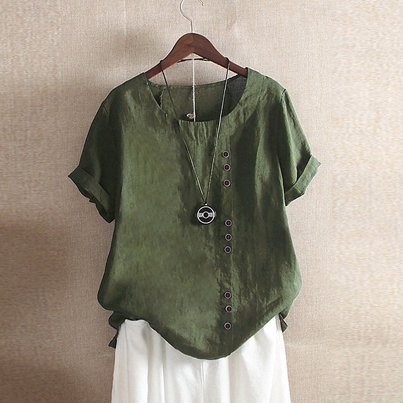Femmes Chemisier Chemises en coton et lin Uni Moderne Occasionnel Manche Courte Col ras du cou Hauts Réguliers Fête Sortir Boutons Blanche Jaune Vert Véronèse Vert Été de 2025 ? $22.99 –P5