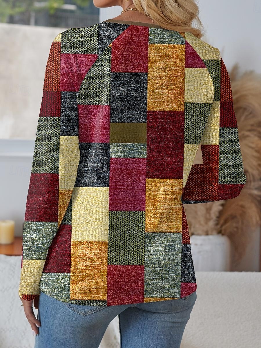 Dame T skjorte Geometrisk Fritid Langermet Hals med hakk Vanlige topper Daglig Trykt mønster Blå Brun Regnbue Vår Høst 2025 - $24.99 –P2