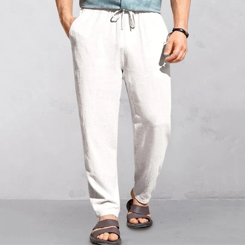 Men's Linen Pants Trousers Summer Pants Beach Pants Pocket Drawstring Elastic Waist Plain Comfort Breathable Vacation Daily Holiday Hawaiian Boho Black White 2025 - $19.99 –P2