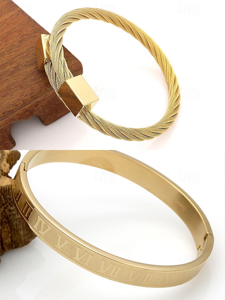 set di bracciali in acciaio inossidabile dorato da uomo: bracciali con numeri romani, intrecciati e con filo metallico, eleganti gioielli impilabili per abbigliamento da lavoro, casual e da festa del 2025 a $18.99 –P7