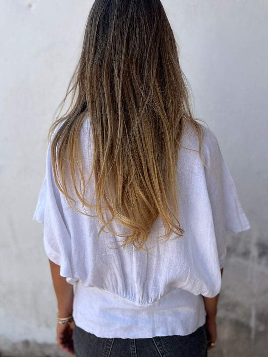 Blusa donna in cotone e lino colore solido stilosa casual maniche corte scollatura a V tops regolari quotidiani patchwork nero bianco marrone chiaro albicocca estate primavera del 2025 a $22.99 –P3
