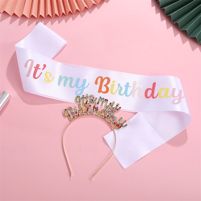 verjaardagsfeestje modieuze verjaardagsversieringen 2-delige set voor meisjes en vrouwen hoofdband en sjerp met 'it's my birthday' verkrijgbaar in meerdere kleurencombinaties 2025 - $9.99 –P1