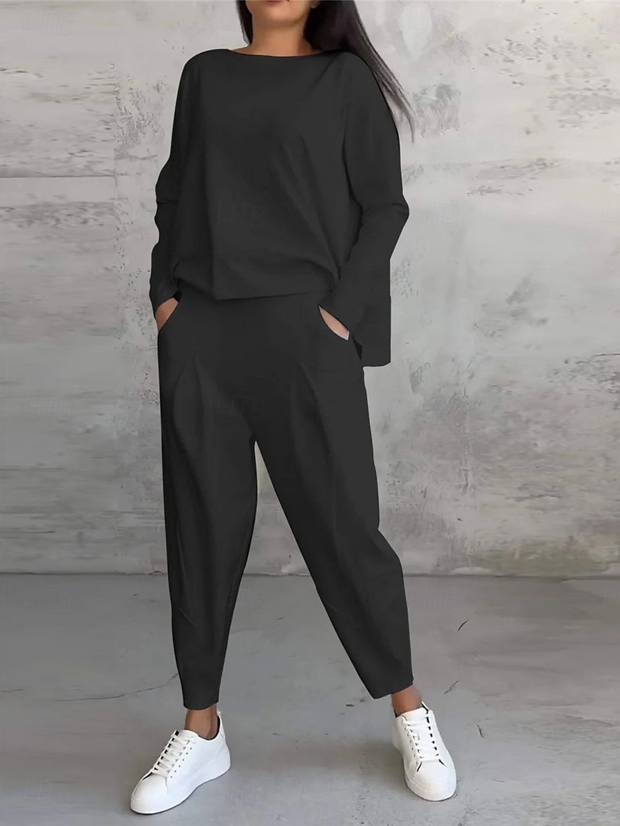Damen 2 Teile Fashion Streetwear Alltag Sweatshirt Lange Ärmel Rundhals Unifarben Freizeit Alltag Schwarz Weiß Pink Sommer Reguläre Passform 2025 - $31.99 –P5