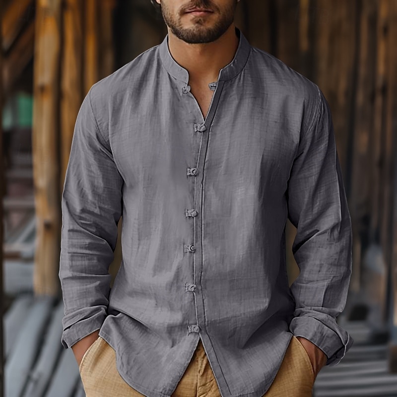 2026年 男性用 シャツ リネンシャツ サマーシャツ 純色 ストリート デイリーウェア ホワイト ネイビーブルー グリーン ベージュ 長袖 衣類  コレクション – $28.99 –P2
