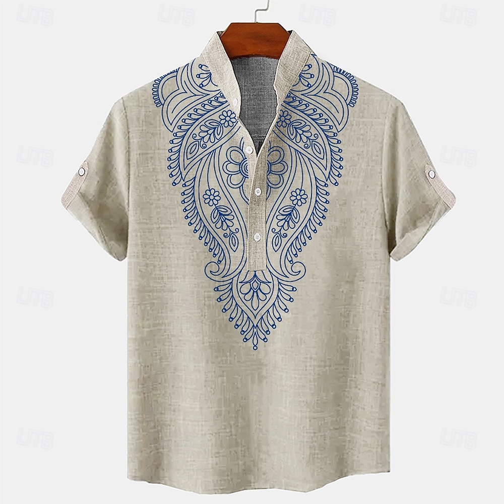 Men's Ethnic Linen Shirt Summer Shirt Short Sleeve Casual Tribal Vacation Daily Summer Spring Mandarin Collar Print Green Khaki Gray 2026 - $28.99 –P6