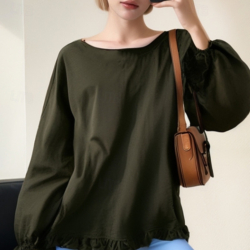 Women's Blouse Cotton Linen Shirts Plain Basic Modern Long Sleeve Square Neck Regular Tops Daily Holiday Going out Ruffle Black White Pink Army Green Navy Blue Summer 2025 - $22.99 –P14