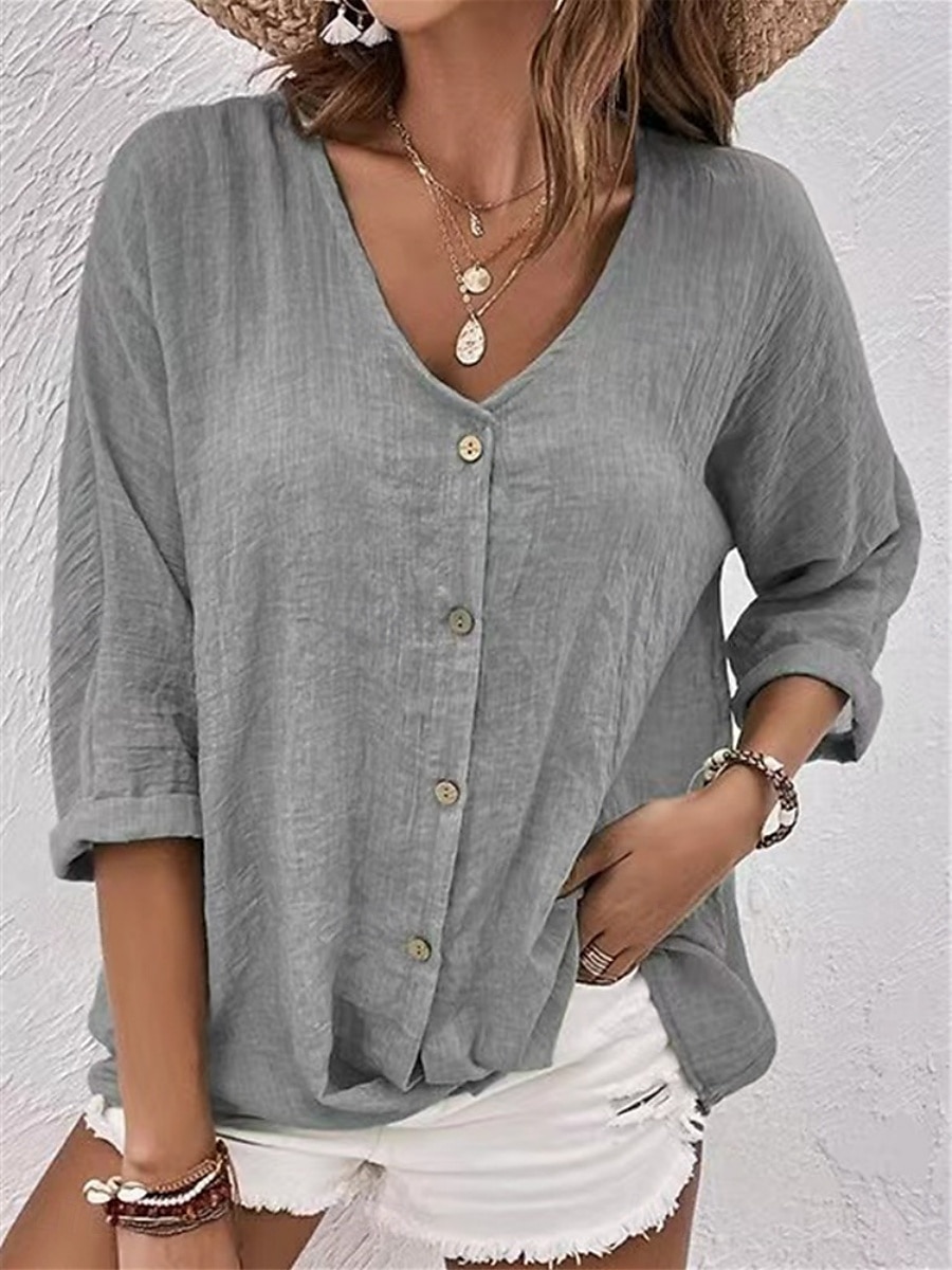 Damen Hemd Baumwoll-Leinen-Hemden Knopfleiste Bluse Einfach Basic Modern Langarm V Ausschnitt Normale Oberteile Täglich Ferien Knöpfe Rosa Blau Purpur Grün Khaki Sommer 2025 - $13.99 –P10
