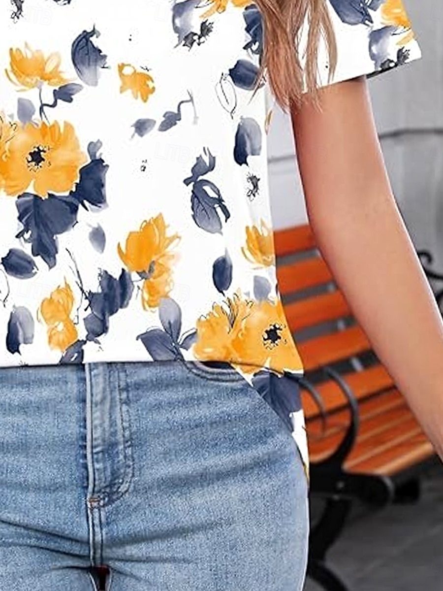 Femmes T-shirt Fleuri Graphique Élégant Occasionnel Manche Courte Col rond Hauts Réguliers Quotidien Week-end Imprimé Jaune Été Printemps de 2025 ? $19.99 –P3