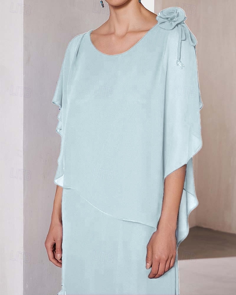 Robe mère de la mariée fourreau  colonne élégante à col bijou longueur sol chiffon floral à courte manche avec volants de 2025 ? $161.99 –P3