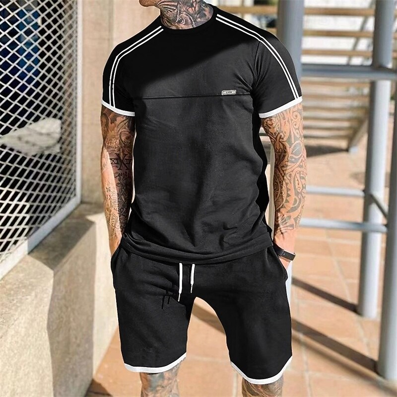 Bărbați Trening Tricou și pantaloni scurți Set de ținute Stil Nautic În aer liber Zilnic Sport Buzunar Cordon Peteci Negru Roșu-aprins Gri Deschis Poliester Îmbrăcăminte de Sport  Șic Stradă Ușor Vară 2025 - $28.99 -P1
