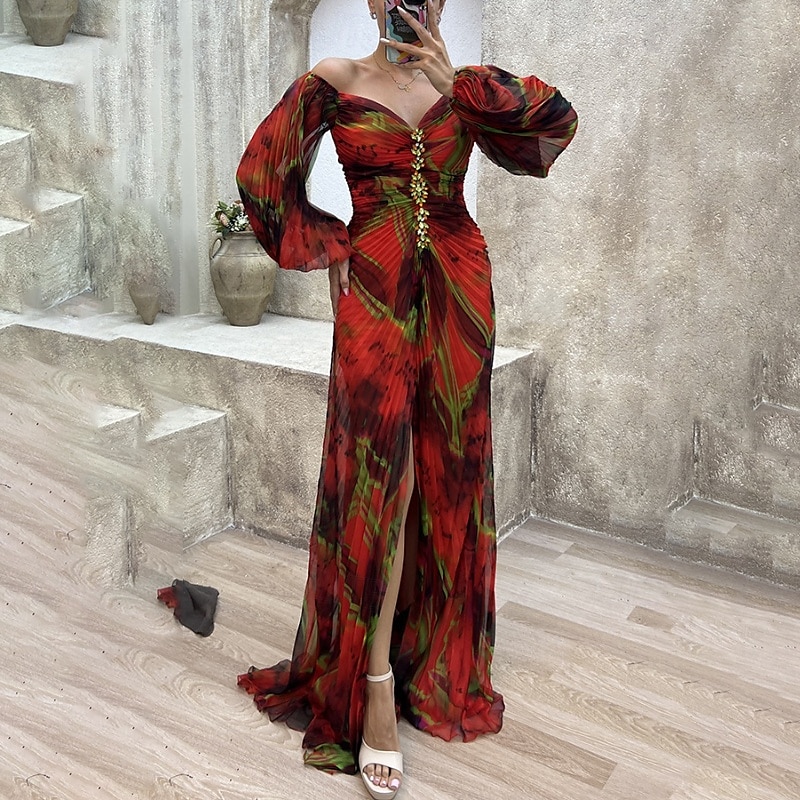 Femme robe longue robe soirée Robe froncée Mode Soirée Standard Fleur manche longue Col V Jaune Vin Bleu Vert Eté de 2025 ? $30.99 –P15