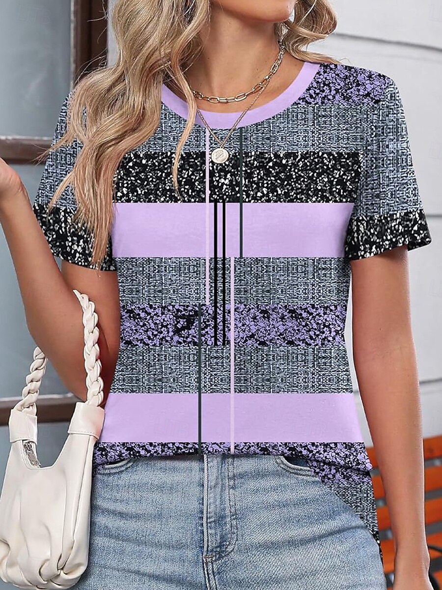 Damen T Shirt Grafik Geometrisch Farbblock Lässig Kurzarm Rundhals Normale Oberteile Täglich Druck Purpur Sommer 2025 - $19.99 –P1