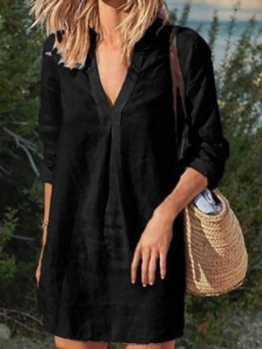 Women's Mini Dress Shift Dress Linen Casual Daily Regular Fit Graphic Long Sleeve V Neck Black White Wine Gray Summer 2025 - $19.99 –P7