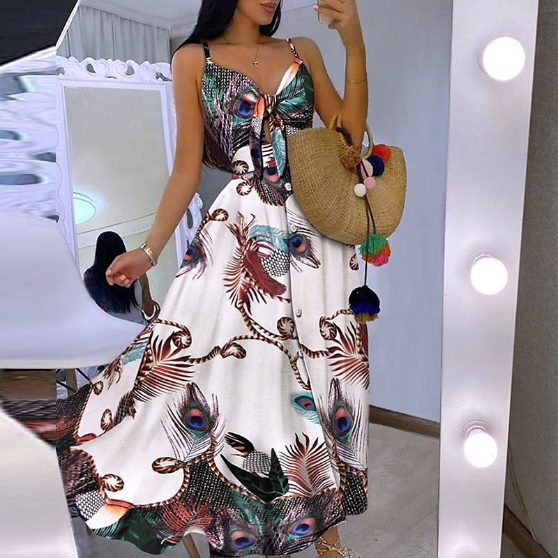 Mulheres Vestido midi Vestido de formatura Vestido Swing Vestido de verão Vestido de decote Moda Ao ar livre Feriado Encontro Normal Leopardo Flor Sem Manga Correias Preto Branco Marfim Vermelho Verão de 2025 por $28.99 –P5