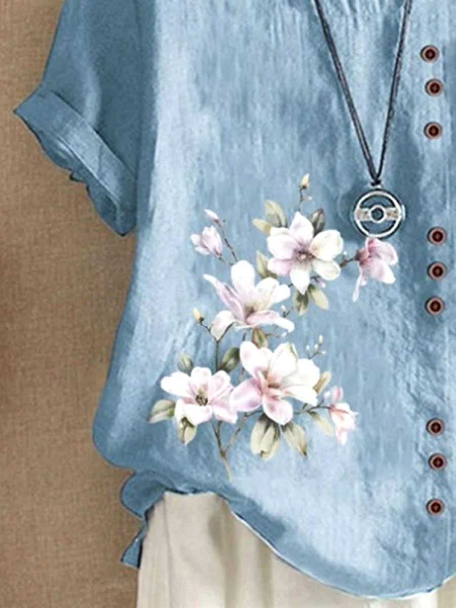 Women's 100% Cotton Shirt Blouse Floral Linen Vintage Casual Short Sleeve Crew Neck Regular Tops Daily Going out Buttons Print Light Blue Summer Spring 2025 - $22.99 –P3