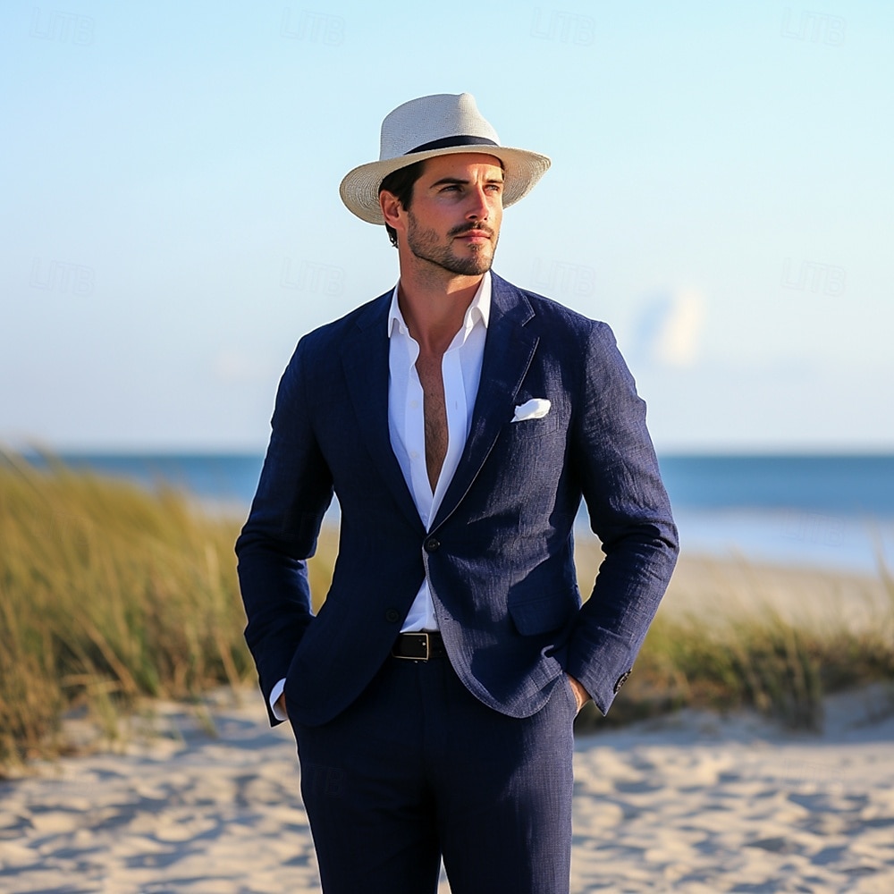 Costumes de mariage en lin pour hommes mariage à la plage bleu marine mi-doublé léger d'été décontracté coloré uni coupe standard 2 pièces simple boutonnage deux boutons de 2025 ? $123.99 –P1