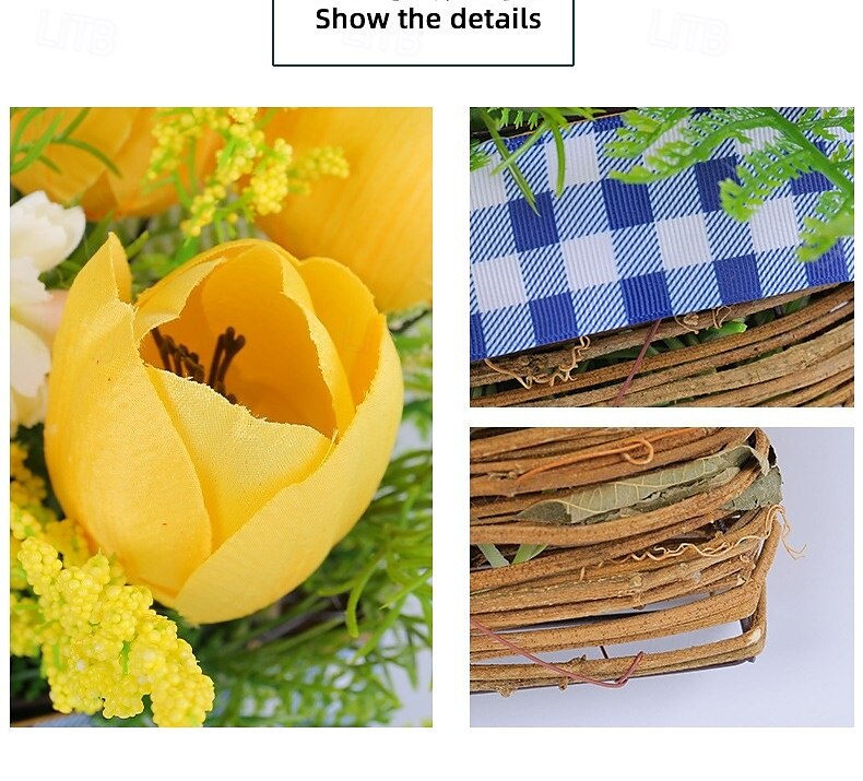 guirlanda de primavera tulipa artificial e videira verde cesta decoração pendurada com fita xadrez para hotéis, cafés, entradas de casa de 2025 por $14.99 –P3