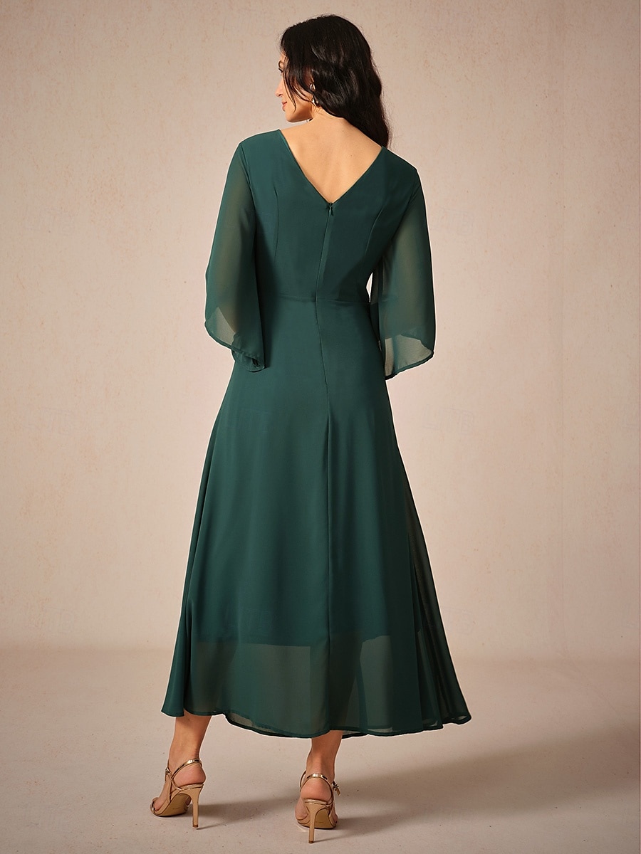 rochie de cocktail pentru invitați la nuntă pentru femei șifon uni cu volane răsucite elegantă rochie maxi de vară cu decolteu în V mânecă evazată lungime 3/4 2025 - $49.99 –P2
