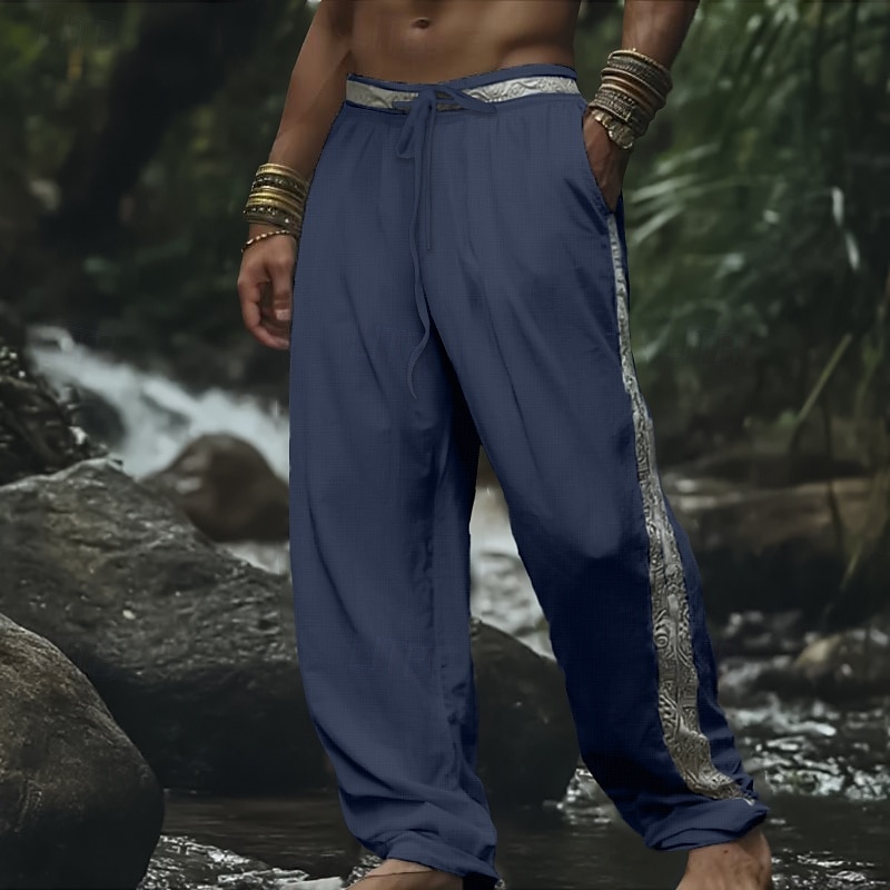 Homens Calças de linho Calças Calça verão Calças de praia Patchwork Cintura elástica Com Cordão Tecido Étnico Conforto Respirável Comprimento total Ao ar livre Diário Feriado Moda Retro Vintage de 2025 por $25.99 –P4