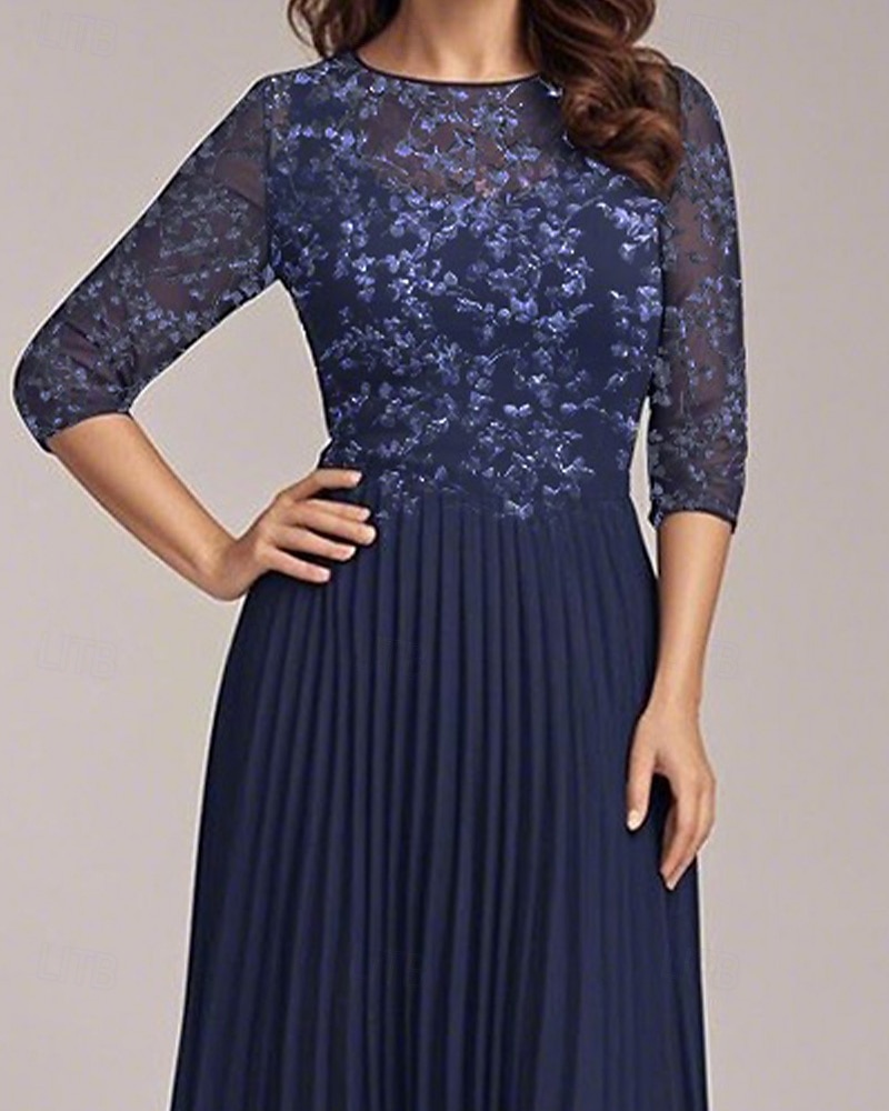 Robe Mère de la Mariée A-Line Élégante Simple Décontractée Col Ronde Longue en Chiffon À Manches Mi-Longues avec Appliques Florales en Dentelle Plis de Genoux Printemps Été Robe Midi 2025 de 2025 ? $121.99 –P2