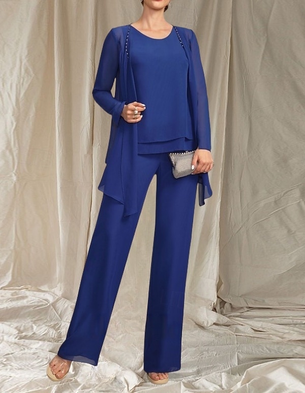 Jumpsuit / Pantsuit 3 Piece Mother of the Bride Dress Wedding Guest Elegant Crew Neck Floor Length Chiffon Long Sleeve with Beading 2025 - $143.99 –P1