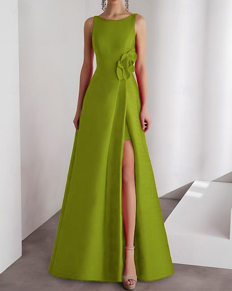 A-Line Evening Gown Elegant Dress Formal Wedding Floor Length Sleeveless Crew Neck Satin with Slit 3D Flower 2025 - $126.99 –P4