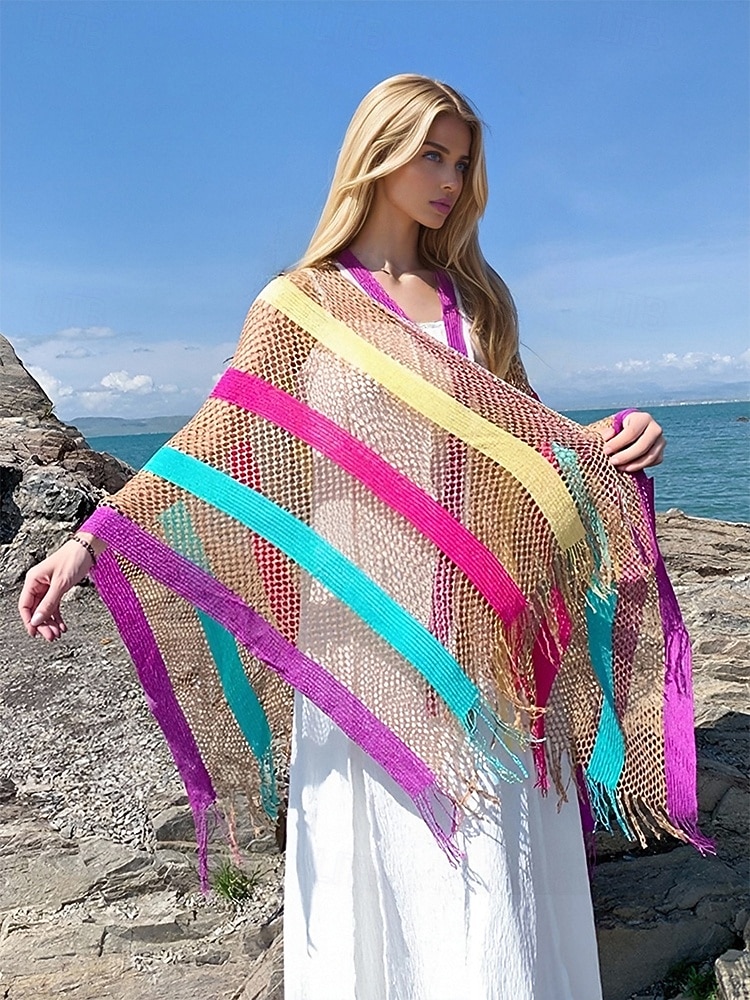 nettingstrikket strandskjerf for kvinner - boho-stripet badedrakt med frynser, lett og pustende sommercardigan for ferie-, basseng- og ferieklær 2025 - $14.99 –P1