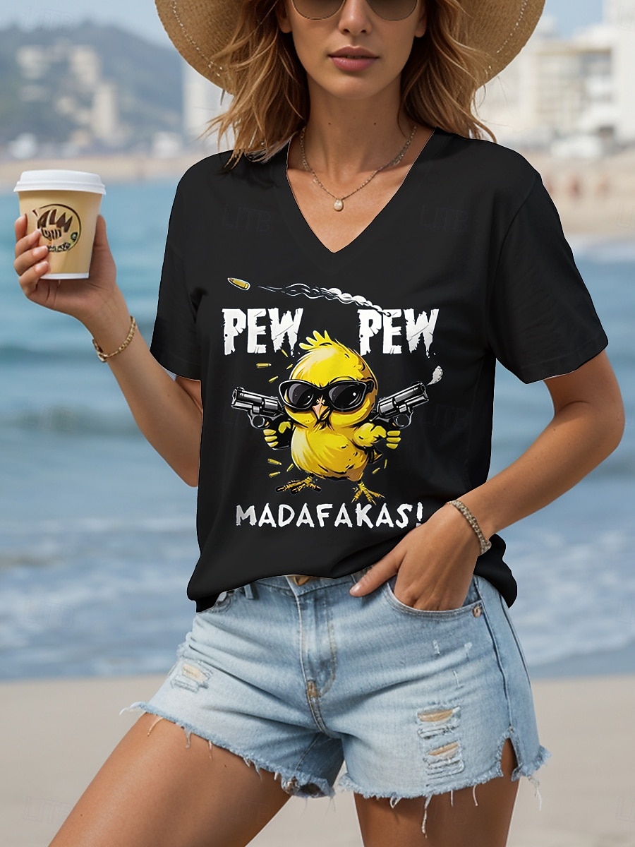 Dame Bluse Grafisk Dyr Tegneserie Fritid Kortermet V-hals Vanlige topper Daglig Ut på byen Strand Klær Trykt mønster Svart Hvit Sommer 2025 - $24.99 –P1