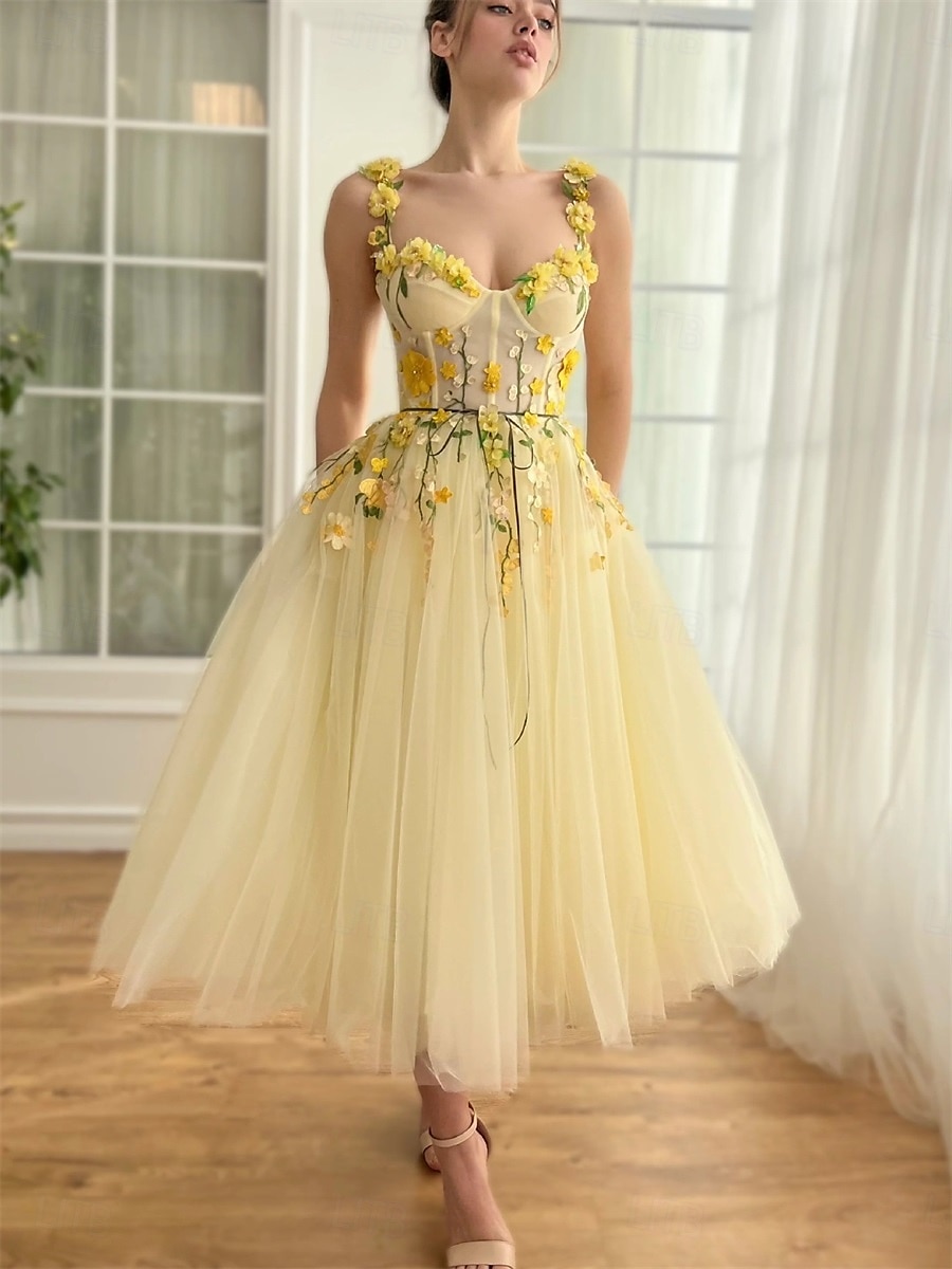 Šaty Quinceanera A-Line máslově žluté šaty svatba svatební host čajové délky bez rukávů čtvercový výstřih s květinovými krajkovými aplikacemi tylu 2025 - $149.99 –P2