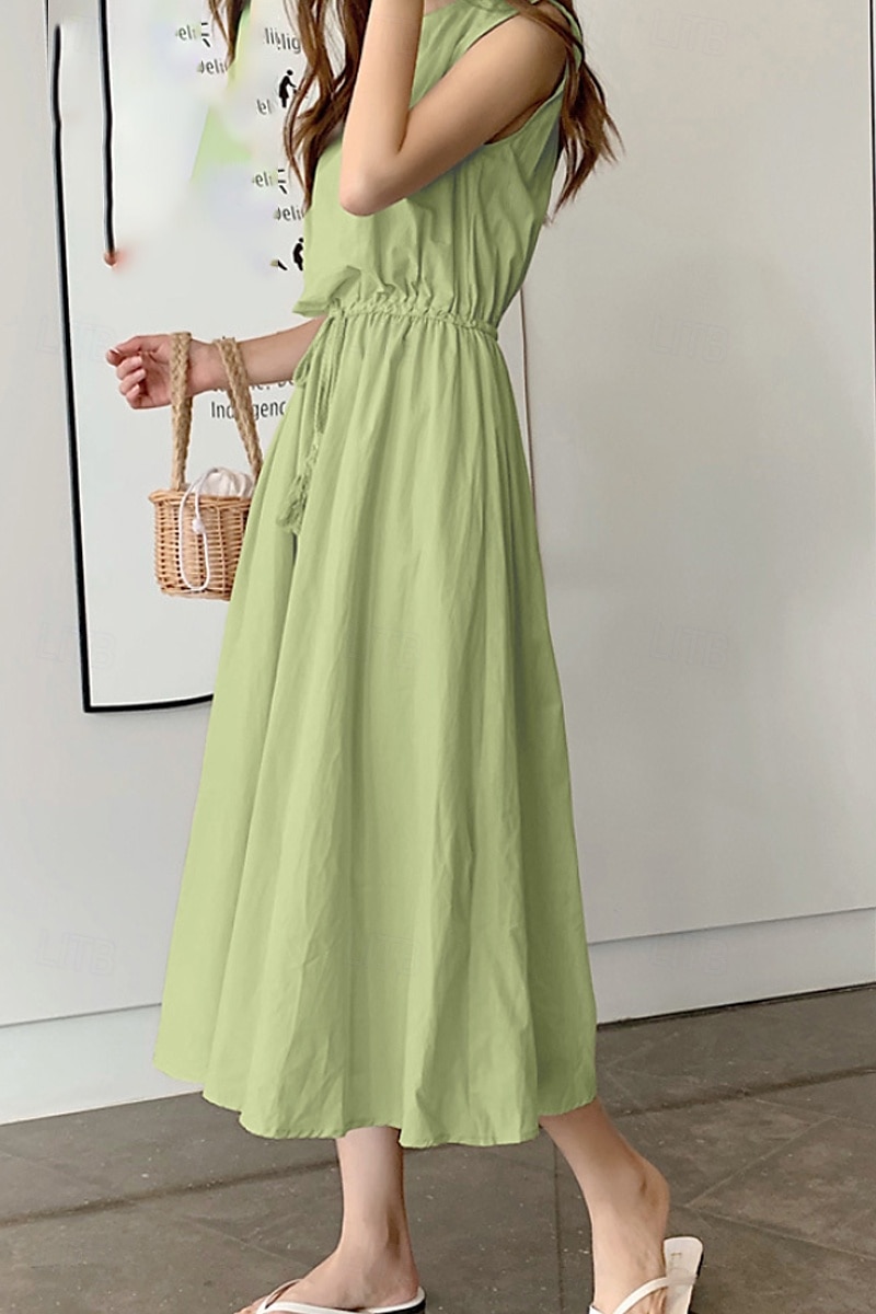 Per donna Abito Midi Abiti in cotone e lino Moda Classico Moderno All'aperto Quotidiano Ferie Vestibilità regolare Semplice Senza Maniche Girocollo Nero Verde chiaro Verde militare Blu marino Estate del 2025 a $26.99 –P1
