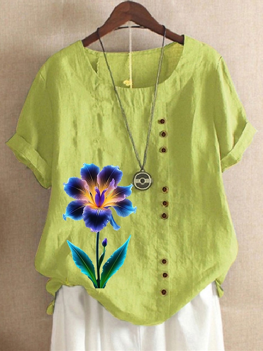Women's 100% Cotton Blouse Vintage Casual Crew Neck Daily Going out Buttons Print Maroon Grass Green White Purple 2025 - $22.99 –P1