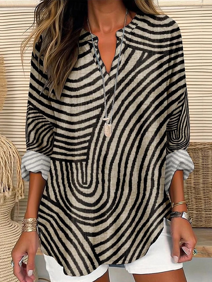 Women's Cotton Linen Shirt Graphic Striped Basic Casual Long Sleeve V Neck Regular Tops Daily Holiday Buttons Print Khaki Summer Spring 2025 - $21.99 –P1