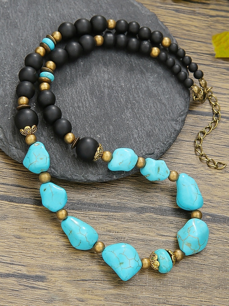 Collier de perles en pierre naturelle fait main pour homme – ras du cou style bohème vintage turquoise et agate noire, bijoux tribaux pour la plage, les voyages et les tenues décontractées de 2025 ? $9.99 –P4