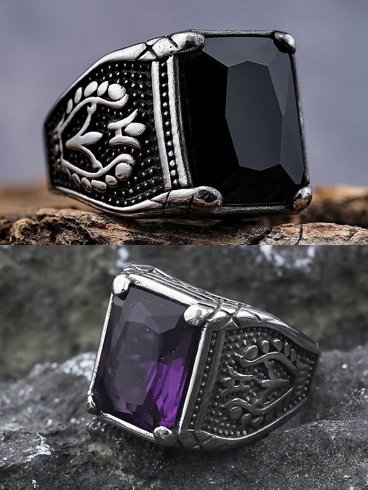 Vintage Men's Stainless Steel Emerald Gemstone Ring - Vintage Gothic Silver Statement Ring, Engraved Antique Style, Fashion Jewelry for Weddings, Parties and Daily Wear 2025 - $14.99 –P9