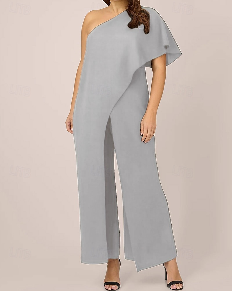 Jumpsuits Mother of the Bride  Elegant Simple Minimalist One Shoulder Floor Length Crepe Short Sleeve with Ruffles 2025 - $136.99 –P5