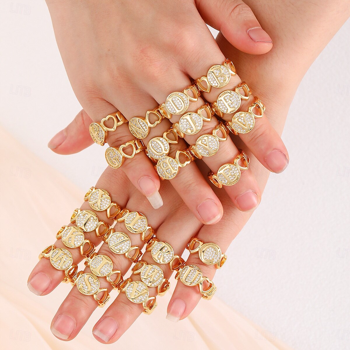 gepersonaliseerde letterring, cadeau voor moeder, 18k vergulde koperen ring, glad hartontwerp, verstelbare open band met zirkoon, stijlvolle en veelzijdige sieraden voor vrouwen 2025 - $5.99 –P14