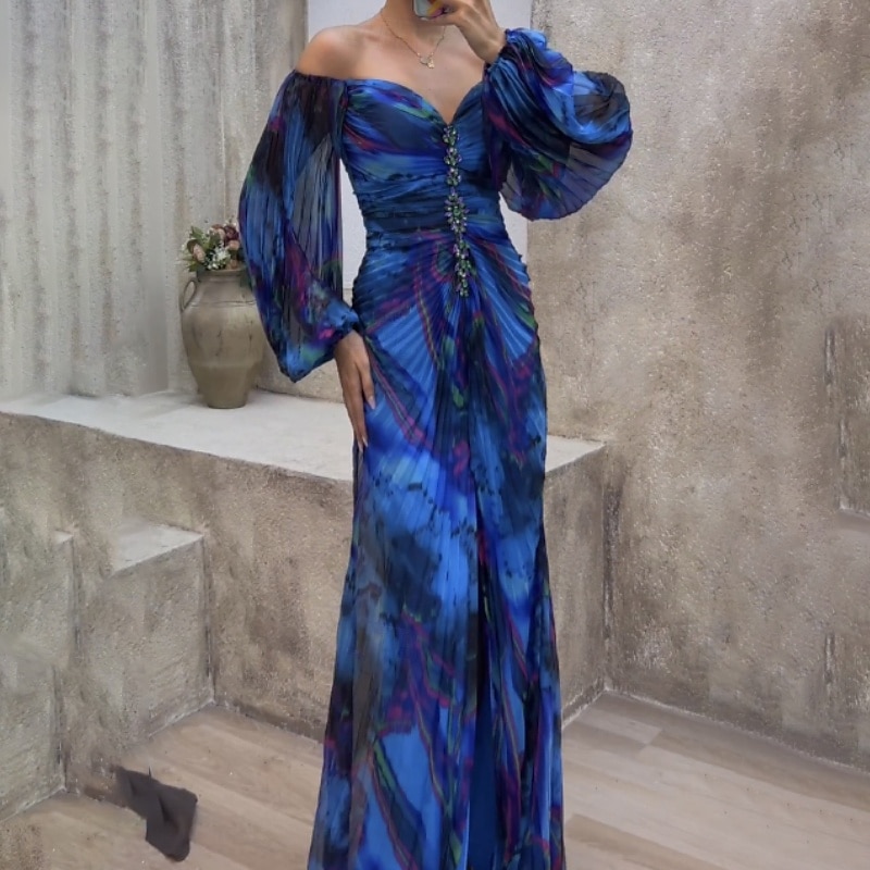 Femme robe longue robe soirée Robe froncée Mode Soirée Standard Fleur manche longue Col V Jaune Vin Bleu Vert Eté de 2025 ? $30.99 –P9